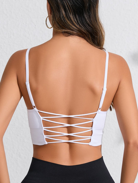 Spaghetti Strap Sexy Big Backless Sports Bra White