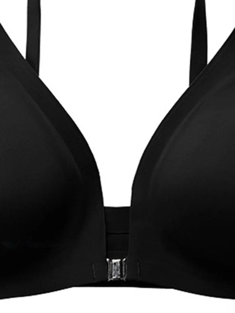 Comfortable Adjustable Straps Deep V Front Button Solid Color Wireless Bra Black