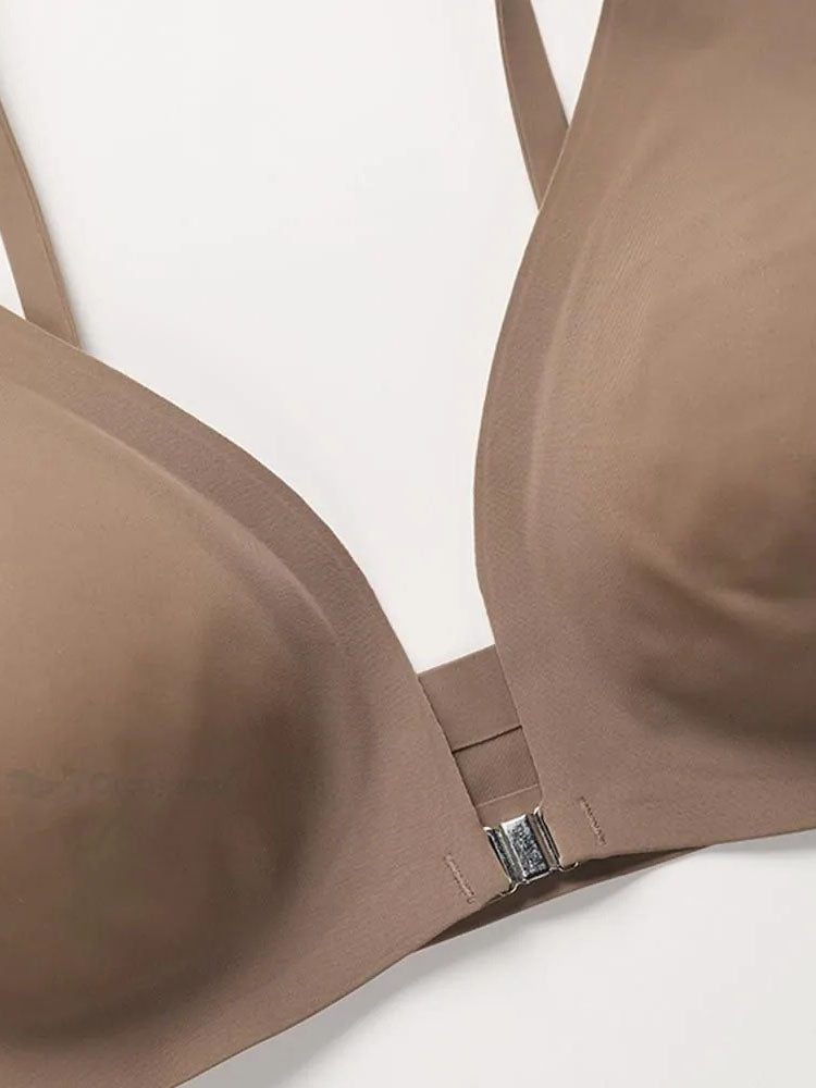 Comfortable Adjustable Straps Deep V Front Button Solid Color Wireless Bra Olive