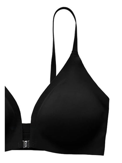 Comfortable Adjustable Straps Deep V Front Button Solid Color Wireless Bra Black