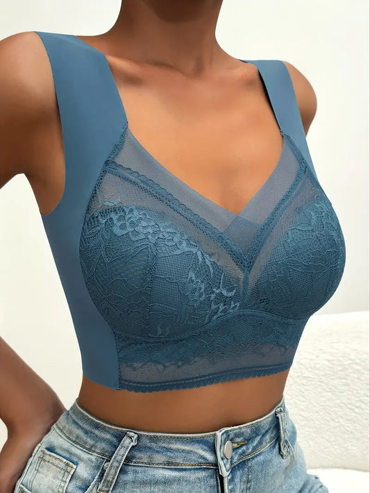 Contrast Lace Wireless Bra, Soft & Comfortable Tank Bra, Women's Lingerie & Underwear Blue