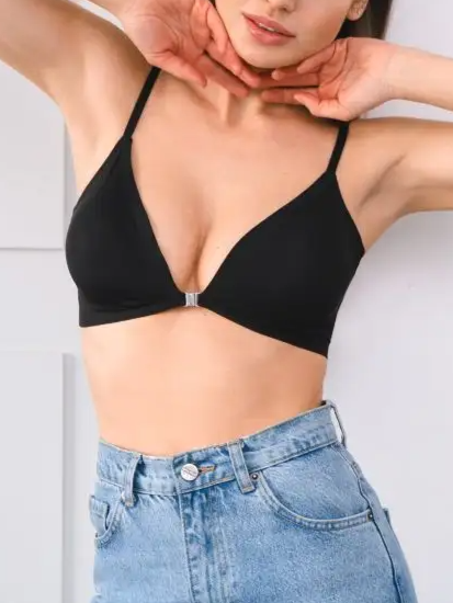 Comfortable Adjustable Straps Deep V Front Button Solid Color Wireless Bra Black