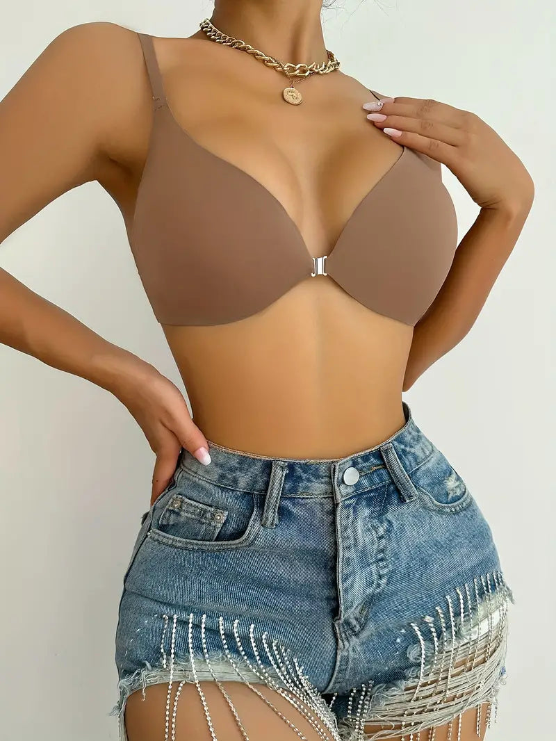 Comfortable Adjustable Straps Deep V Front Button Solid Color Wireless Bra Olive