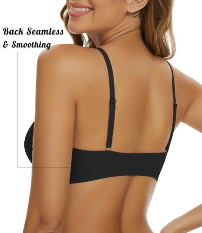 Comfortable Adjustable Straps Deep V Front Button Solid Color Wireless Bra Black