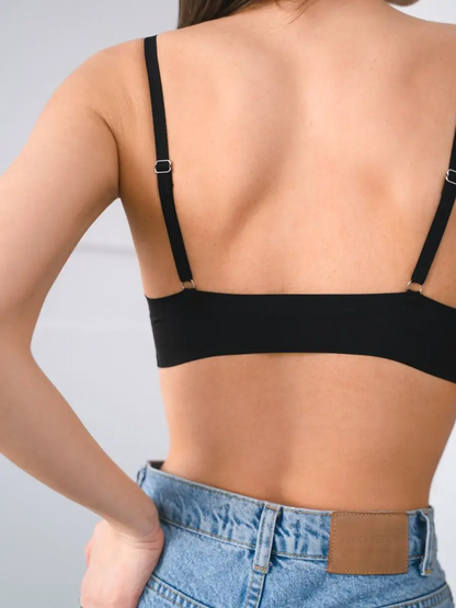 Comfortable Adjustable Straps Deep V Front Button Solid Color Wireless Bra Black