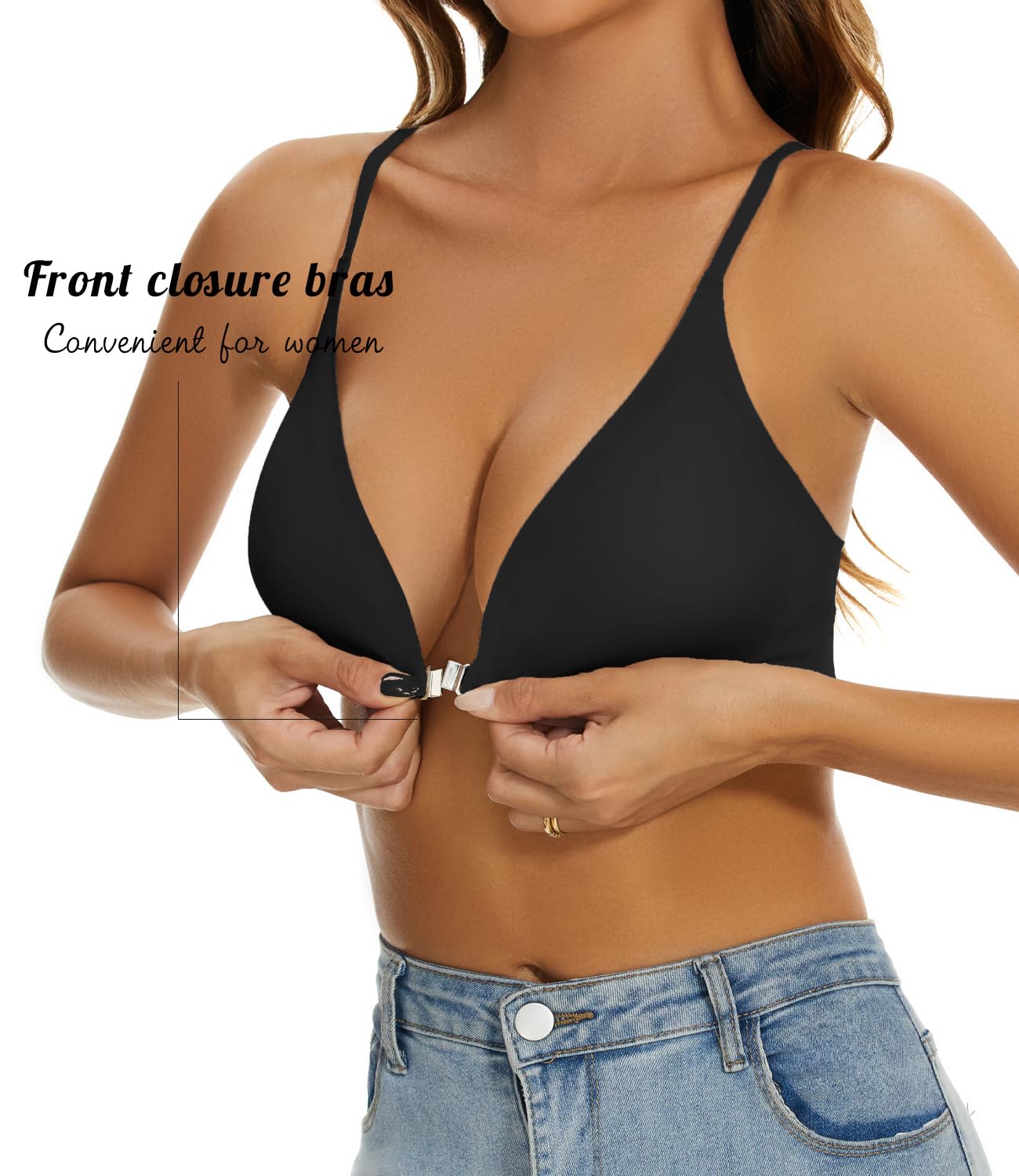 Comfortable Adjustable Straps Deep V Front Button Solid Color Wireless Bra Black