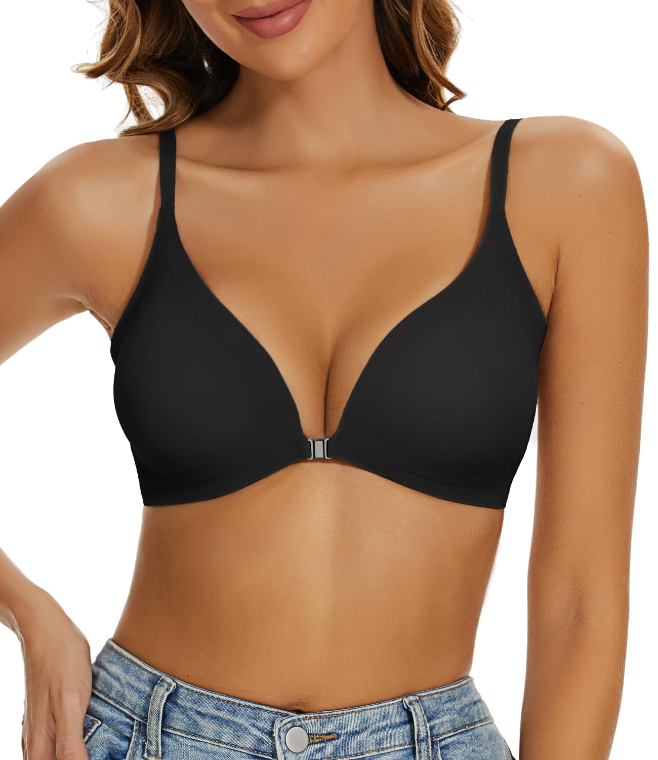 Comfortable Adjustable Straps Deep V Front Button Solid Color Wireless Bra Black