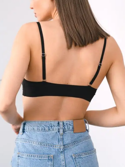 Comfortable Adjustable Straps Deep V Front Button Solid Color Wireless Bra Black