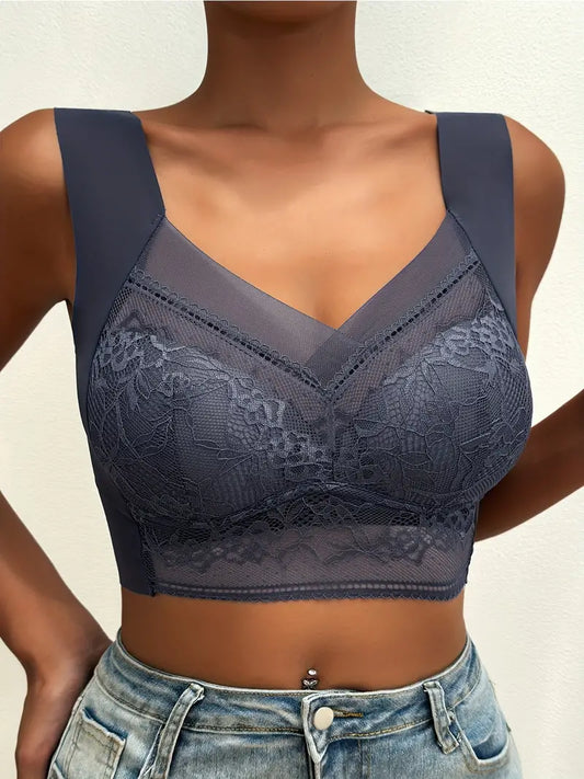 Contrast Lace Wireless Bra, Soft & Comfortable Tank Bra, Women's Lingerie & Underwear Navy