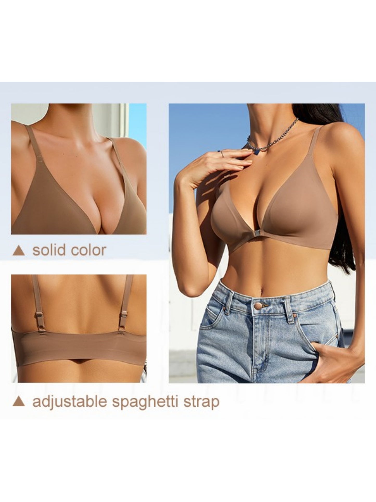 Comfortable Adjustable Straps Deep V Front Button Solid Color Wireless Bra Olive