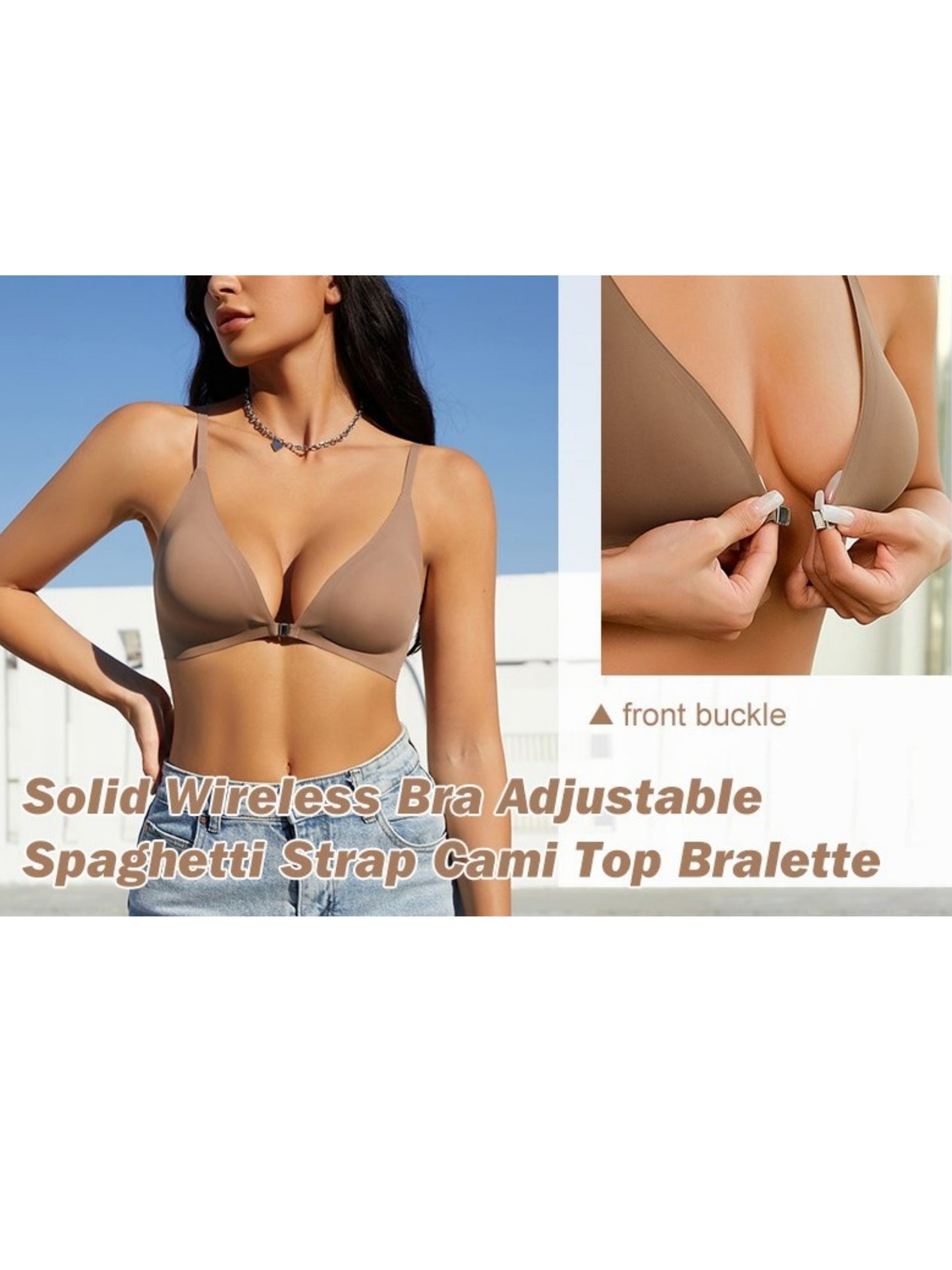 Comfortable Adjustable Straps Deep V Front Button Solid Color Wireless Bra Olive