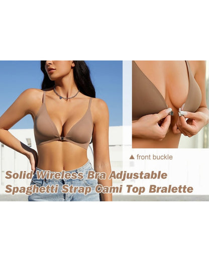 Comfortable Adjustable Straps Deep V Front Button Solid Color Wireless Bra Olive