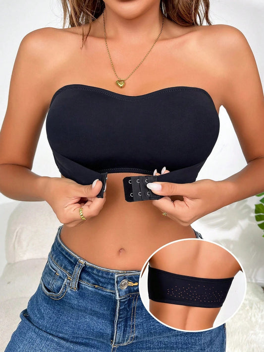 Simple Solid Front-Closure Hook And Eye Strapless Wireless Bra Black