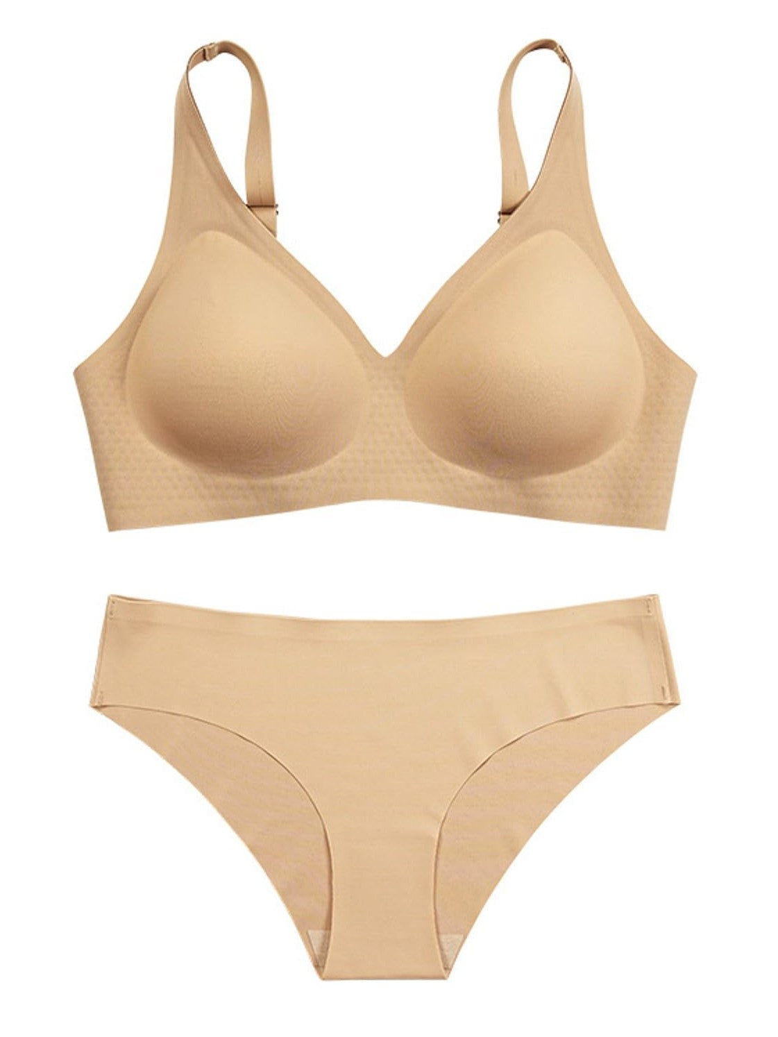 Seamless Deep V Sexy Ice Silk Wireless Bra Set Beige