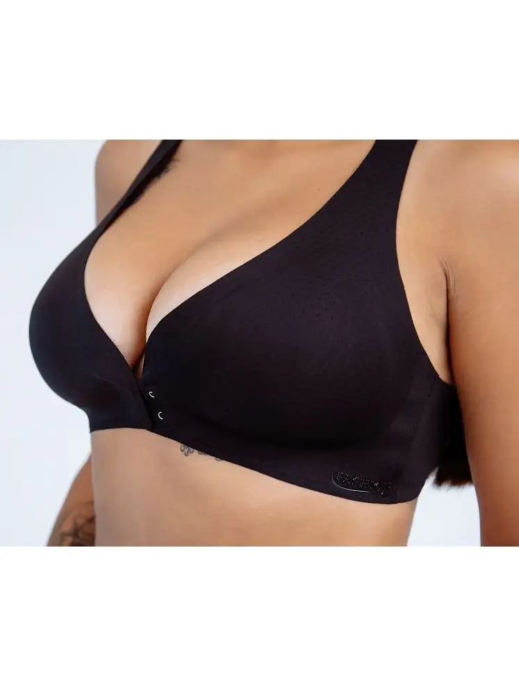 Deep V Minimizer Front Closure Push-up Wireless Bra Black