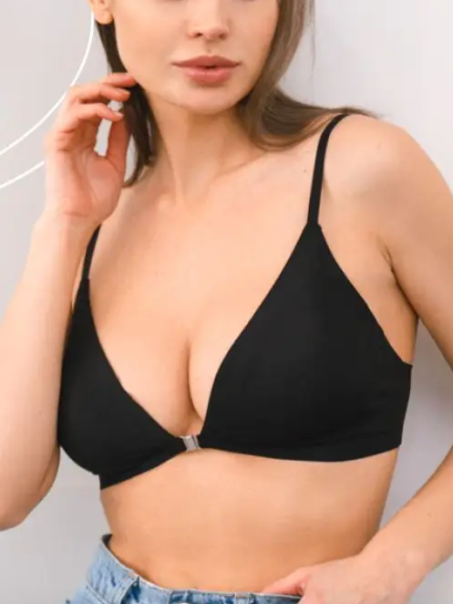 Comfortable Adjustable Straps Deep V Front Button Solid Color Wireless Bra Black