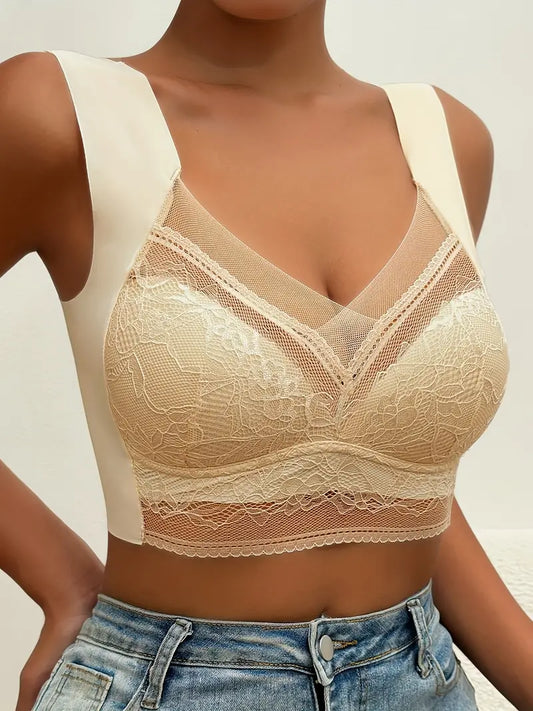 Contrast Lace Wireless Bra, Soft & Comfortable Tank Bra, Women's Lingerie & Underwear